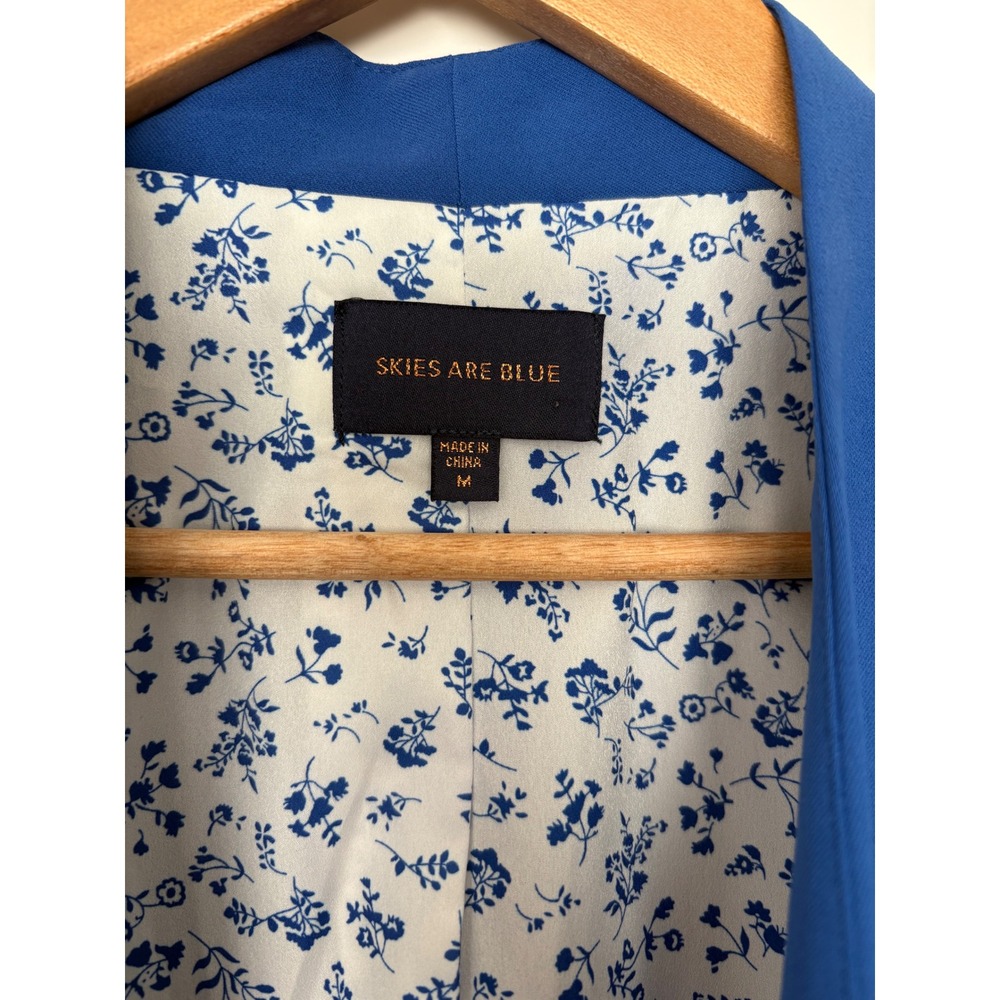 Skies Are Blue Ditsy Floral Lining Royal Blue Open Front Blazer Ruched Sleeve M - Picture 4 of 9
